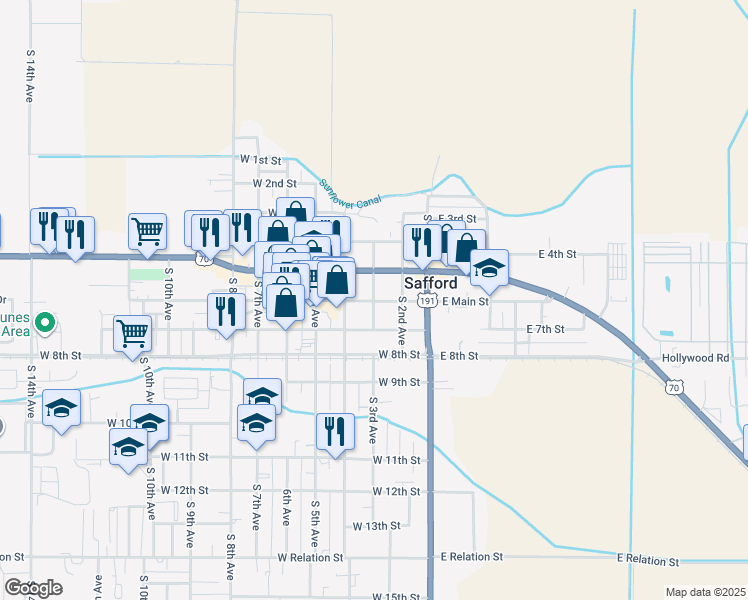 map of restaurants, bars, coffee shops, grocery stores, and more near 599 South 3rd Avenue in Safford