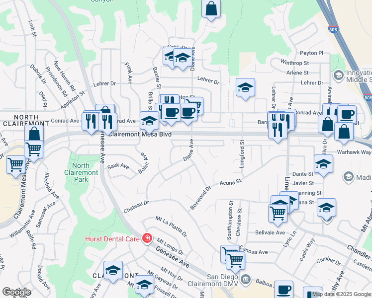 map of restaurants, bars, coffee shops, grocery stores, and more near 4763 Mount Royal Avenue in San Diego