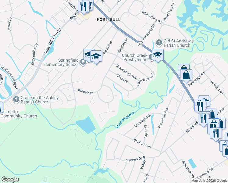 map of restaurants, bars, coffee shops, grocery stores, and more near 2632 Morning Dove Lane in Charleston