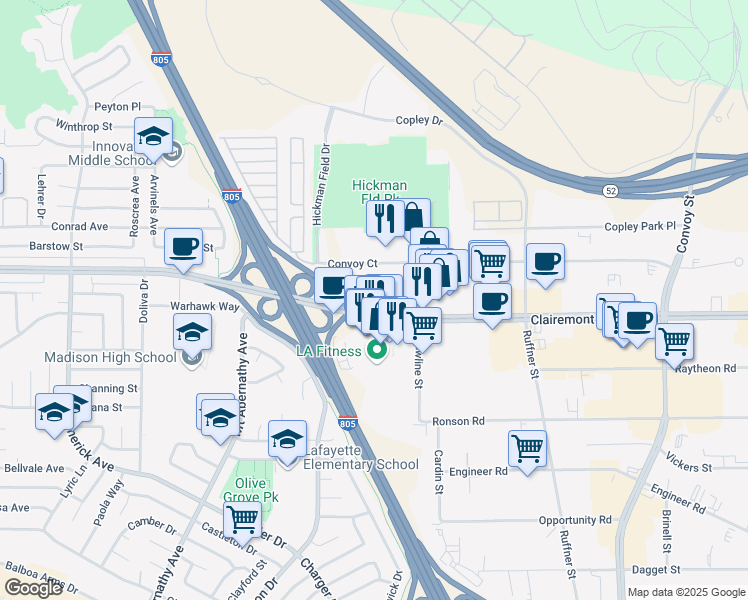 map of restaurants, bars, coffee shops, grocery stores, and more near 6911 Convoy Court in San Diego
