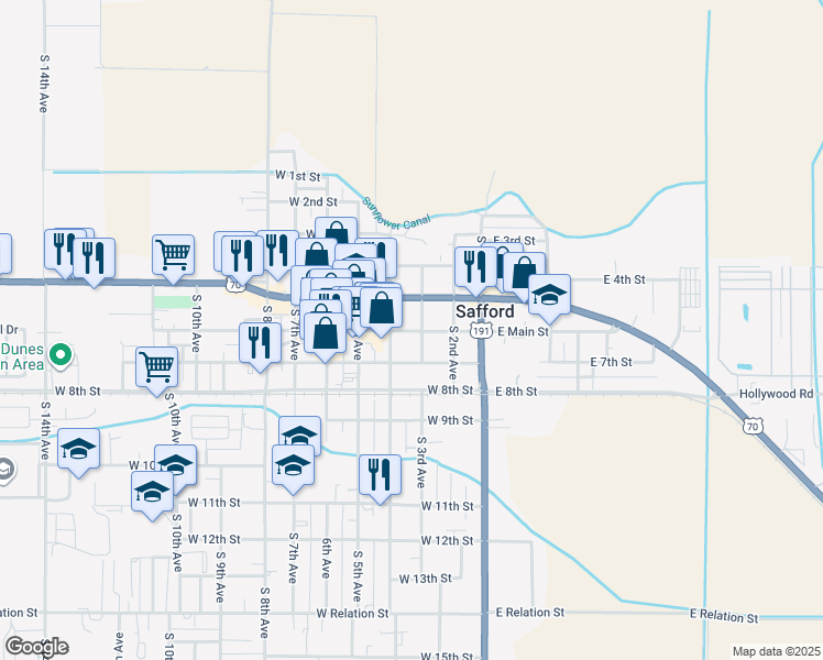 map of restaurants, bars, coffee shops, grocery stores, and more near 322 West 6th Street in Safford