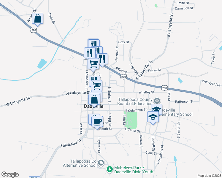 map of restaurants, bars, coffee shops, grocery stores, and more near 328 North Spring Street in Dadeville