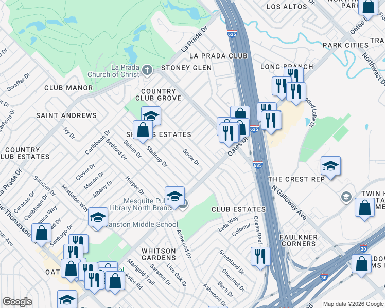 map of restaurants, bars, coffee shops, grocery stores, and more near 4750 Snow Drive in Mesquite
