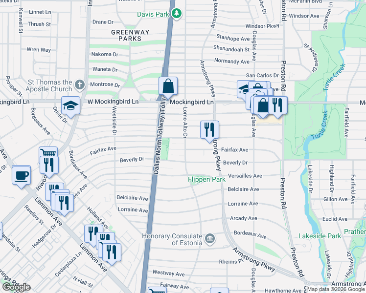 map of restaurants, bars, coffee shops, grocery stores, and more near 4500 Fairfax Avenue in Dallas
