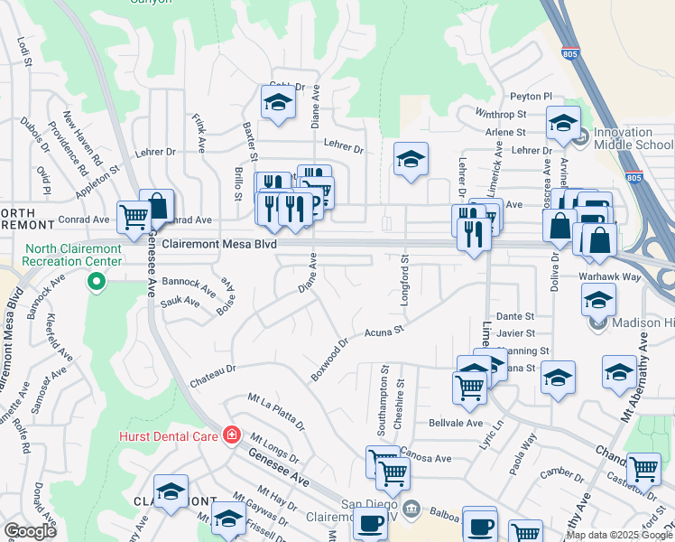 map of restaurants, bars, coffee shops, grocery stores, and more near 4839 Mount Royal Avenue in San Diego