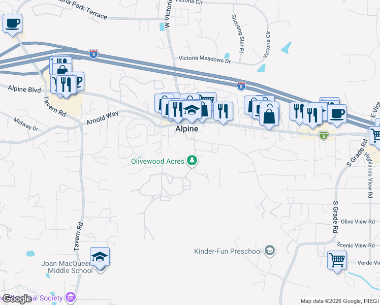 map of restaurants, bars, coffee shops, grocery stores, and more near 2292 Marquand Court in Alpine