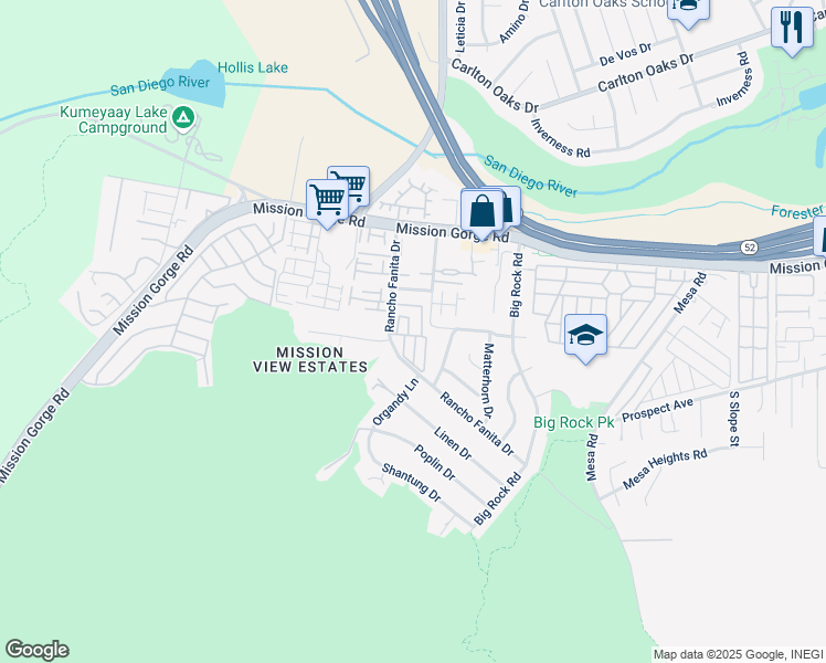map of restaurants, bars, coffee shops, grocery stores, and more near 7908 Rancho Fanita Drive in Santee