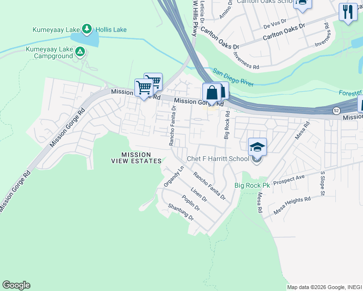 map of restaurants, bars, coffee shops, grocery stores, and more near 7908 Rancho Fanita Drive in Santee