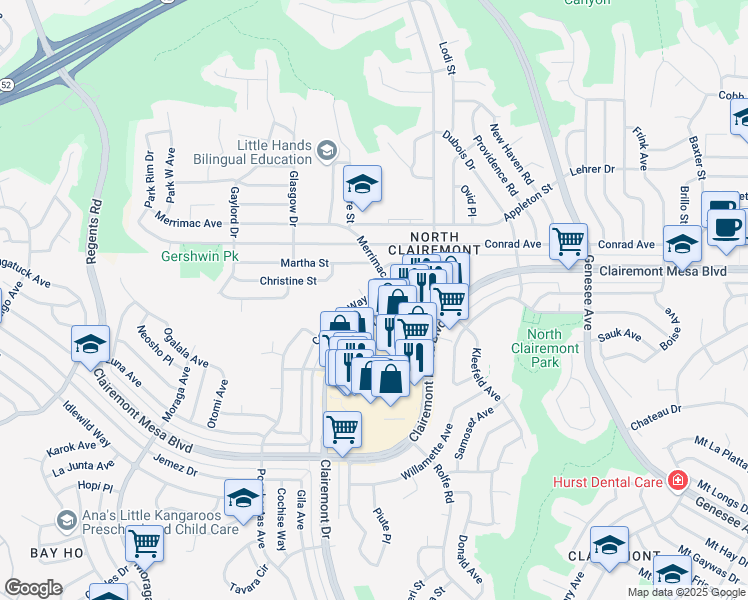 map of restaurants, bars, coffee shops, grocery stores, and more near 4935 Coconino Way in San Diego