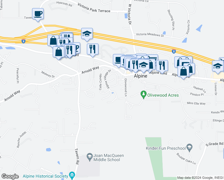 map of restaurants, bars, coffee shops, grocery stores, and more near 71 Alpine Village Drive in Alpine