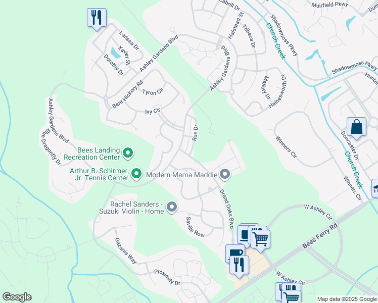 map of restaurants, bars, coffee shops, grocery stores, and more near 818 Rue Drive in Charleston