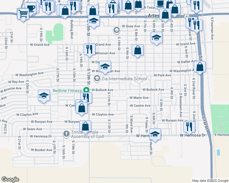 map of restaurants, bars, coffee shops, grocery stores, and more near 904 Bullock Court in Artesia