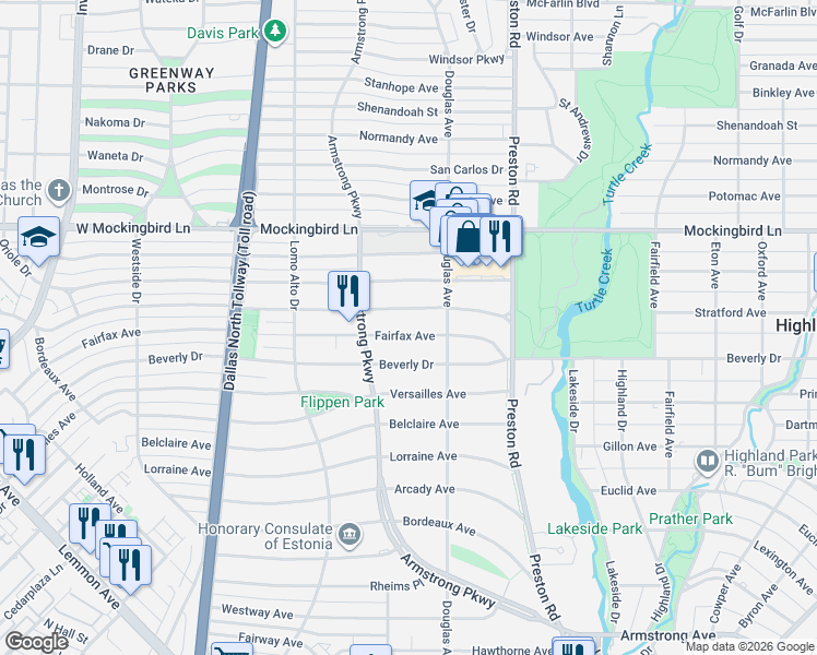 map of restaurants, bars, coffee shops, grocery stores, and more near 4324 Fairfax Avenue in Dallas