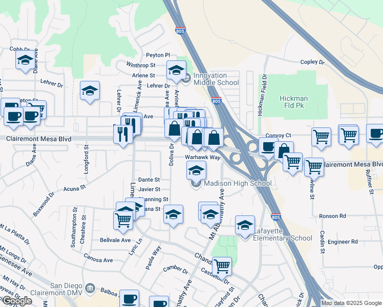 map of restaurants, bars, coffee shops, grocery stores, and more near 5505 Clairemont Mesa Boulevard in San Diego