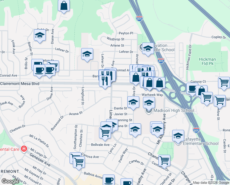 map of restaurants, bars, coffee shops, grocery stores, and more near 5205 Kesling Street in San Diego