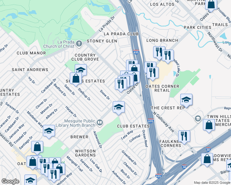 map of restaurants, bars, coffee shops, grocery stores, and more near 4730 Preston Trail Drive in Mesquite