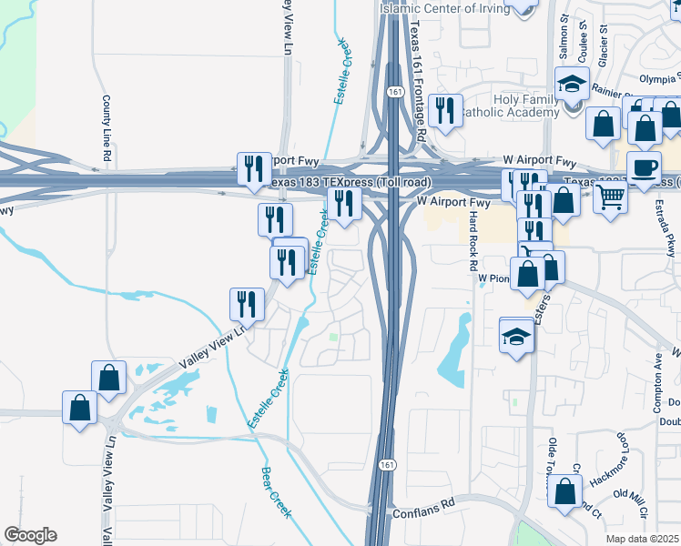 map of restaurants, bars, coffee shops, grocery stores, and more near 4525 West Pioneer Drive in Irving