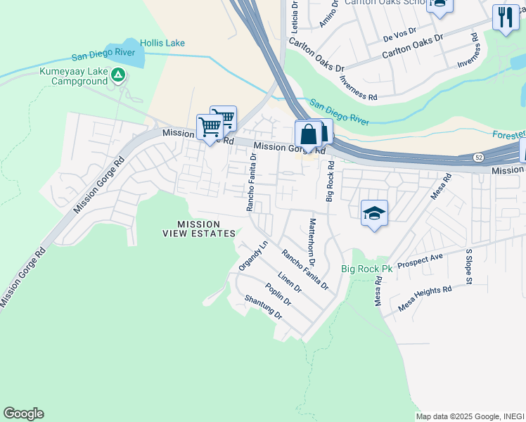 map of restaurants, bars, coffee shops, grocery stores, and more near 7908 Rancho Fanita Drive in Santee