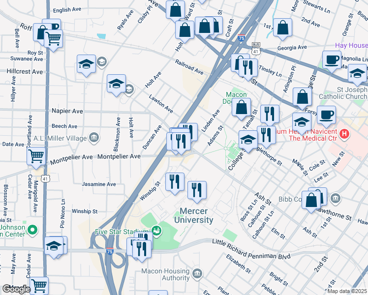 map of restaurants, bars, coffee shops, grocery stores, and more near 1640 Coleman Ave in Macon