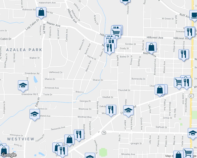 map of restaurants, bars, coffee shops, grocery stores, and more near 3103 Sharon Drive in Macon