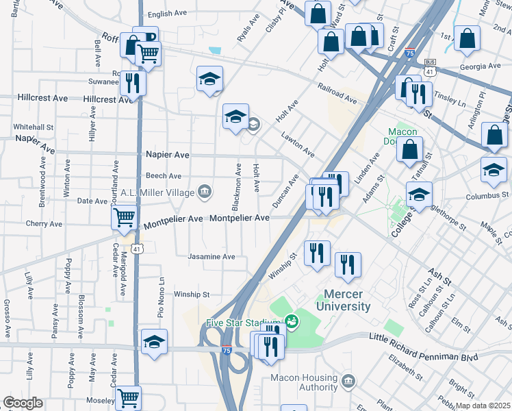 map of restaurants, bars, coffee shops, grocery stores, and more near 1335 Holt Avenue in Macon