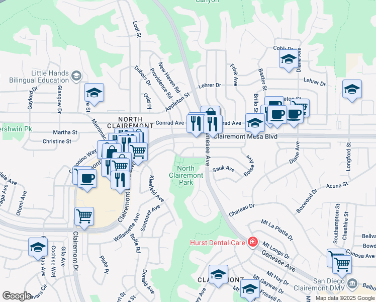 map of restaurants, bars, coffee shops, grocery stores, and more near 4431 Manitou Way in San Diego