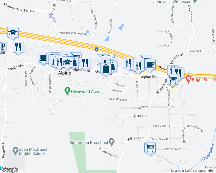 map of restaurants, bars, coffee shops, grocery stores, and more near 2402 Pimlico Place in Alpine