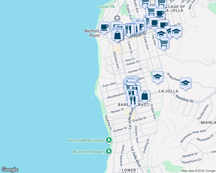 map of restaurants, bars, coffee shops, grocery stores, and more near 305 Fern Glen in San Diego