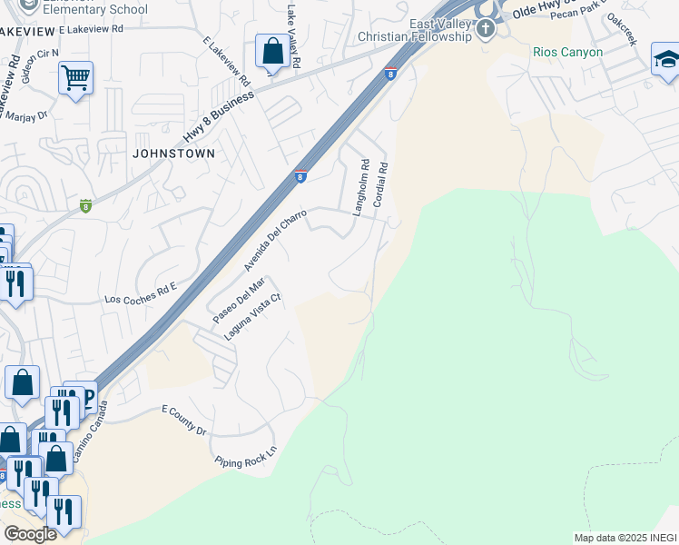 map of restaurants, bars, coffee shops, grocery stores, and more near 8419 Cordial Road in El Cajon