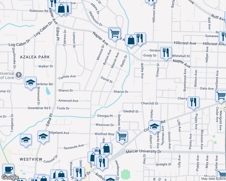map of restaurants, bars, coffee shops, grocery stores, and more near 1282 Radio Drive in Macon
