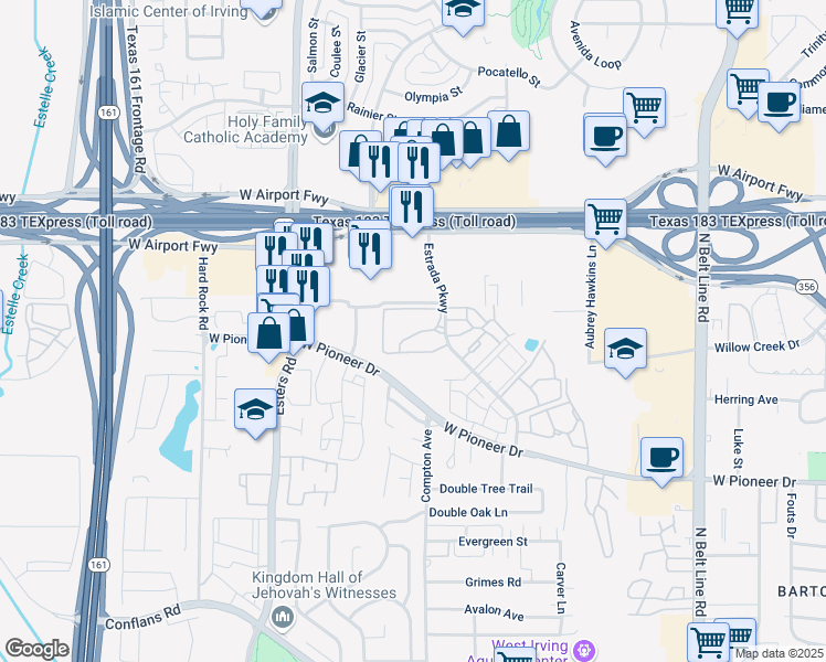 map of restaurants, bars, coffee shops, grocery stores, and more near 2119 Estrada Oaks in Irving