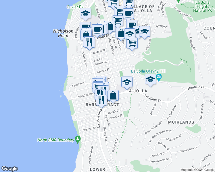 map of restaurants, bars, coffee shops, grocery stores, and more near 610 Westbourne Street in San Diego