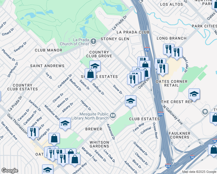 map of restaurants, bars, coffee shops, grocery stores, and more near 4756 Shands Drive in Mesquite