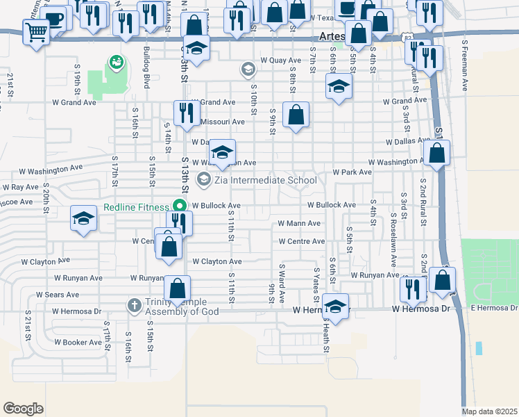 map of restaurants, bars, coffee shops, grocery stores, and more near 901 West Bullock Avenue in Artesia