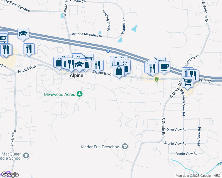 map of restaurants, bars, coffee shops, grocery stores, and more near 1595 Bay Meadows Drive in Alpine