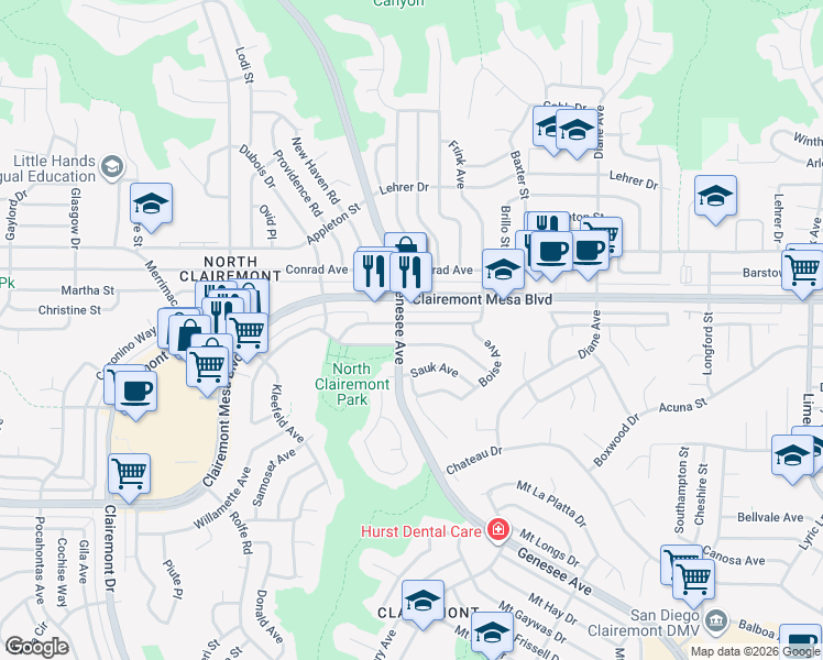map of restaurants, bars, coffee shops, grocery stores, and more near 4509 Manitou Way in San Diego