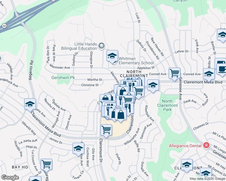 map of restaurants, bars, coffee shops, grocery stores, and more near 4935 Coconino Way in San Diego