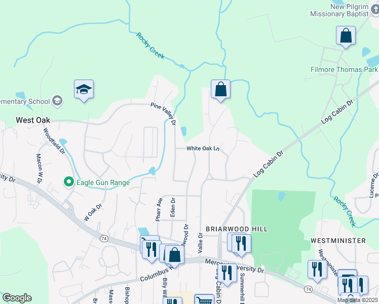 map of restaurants, bars, coffee shops, grocery stores, and more near 4015 Dellwood Drive in Macon