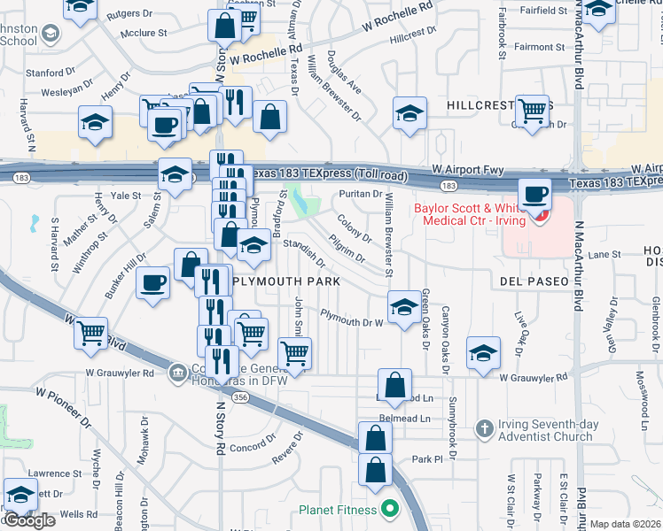 map of restaurants, bars, coffee shops, grocery stores, and more near 1908 Pilgrim Drive in Irving