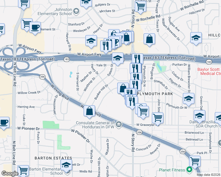 map of restaurants, bars, coffee shops, grocery stores, and more near 2525 Roger Williams Drive in Irving