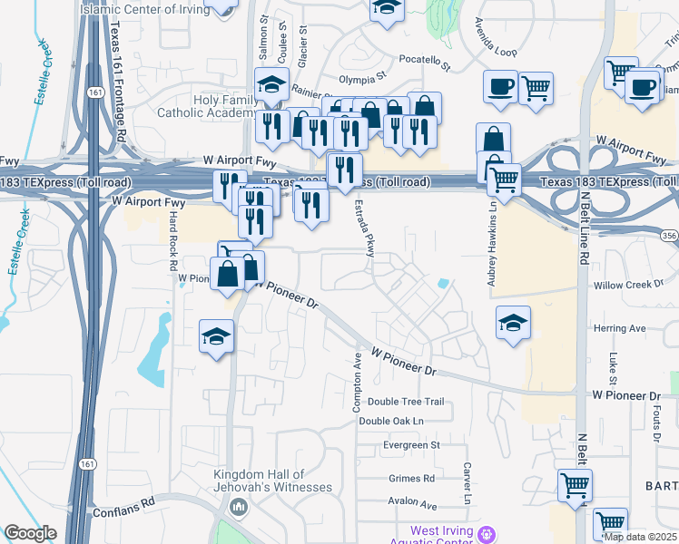 map of restaurants, bars, coffee shops, grocery stores, and more near 2119 Estrada Oaks in Irving