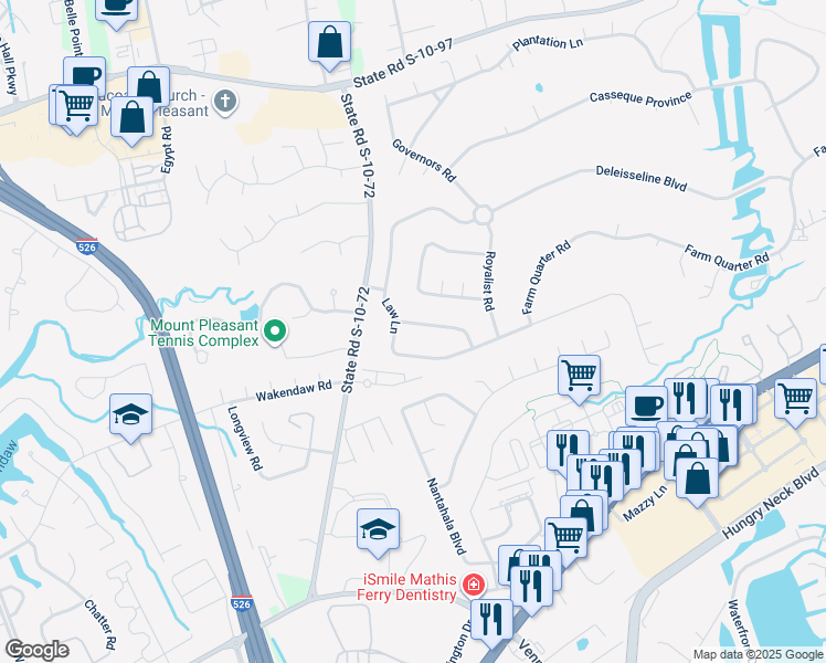 map of restaurants, bars, coffee shops, grocery stores, and more near 1002 Colonial Drive in Mount Pleasant