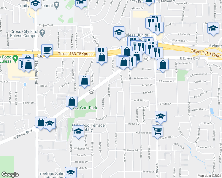 map of restaurants, bars, coffee shops, grocery stores, and more near 321 Norman Drive in Euless