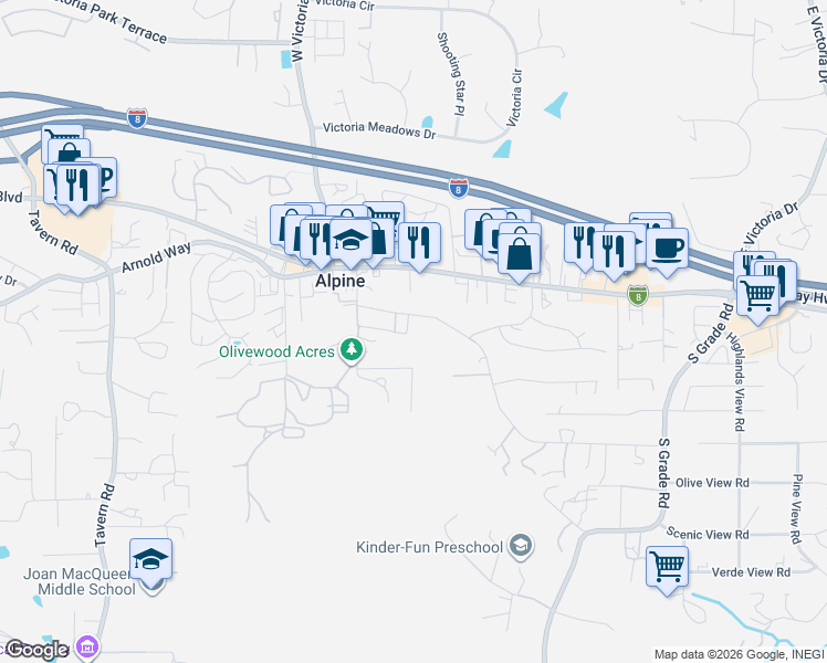 map of restaurants, bars, coffee shops, grocery stores, and more near 2367 Marshall Way in Alpine