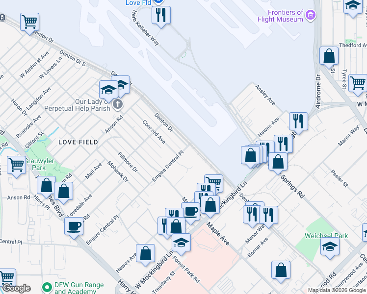 map of restaurants, bars, coffee shops, grocery stores, and more near 7003 Denton Drive in Dallas
