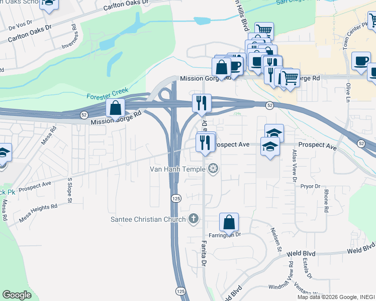 map of restaurants, bars, coffee shops, grocery stores, and more near in Santee