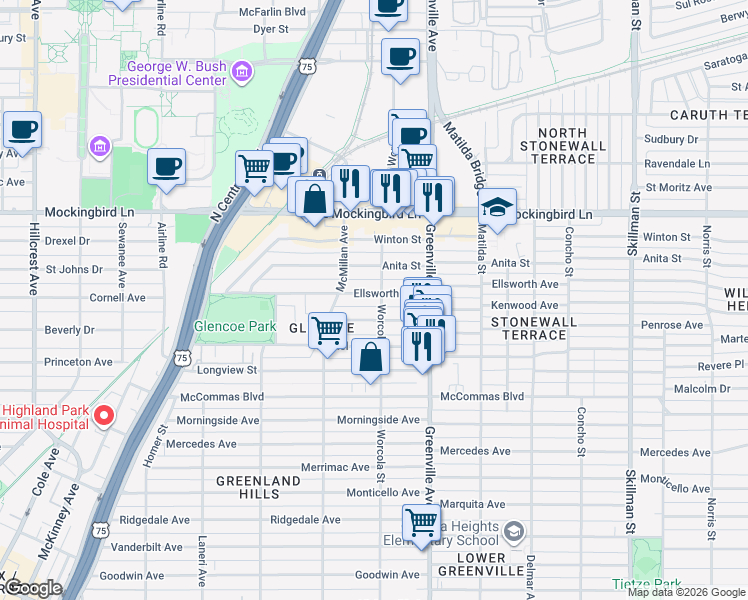 map of restaurants, bars, coffee shops, grocery stores, and more near 5536 Ellsworth Avenue in Dallas