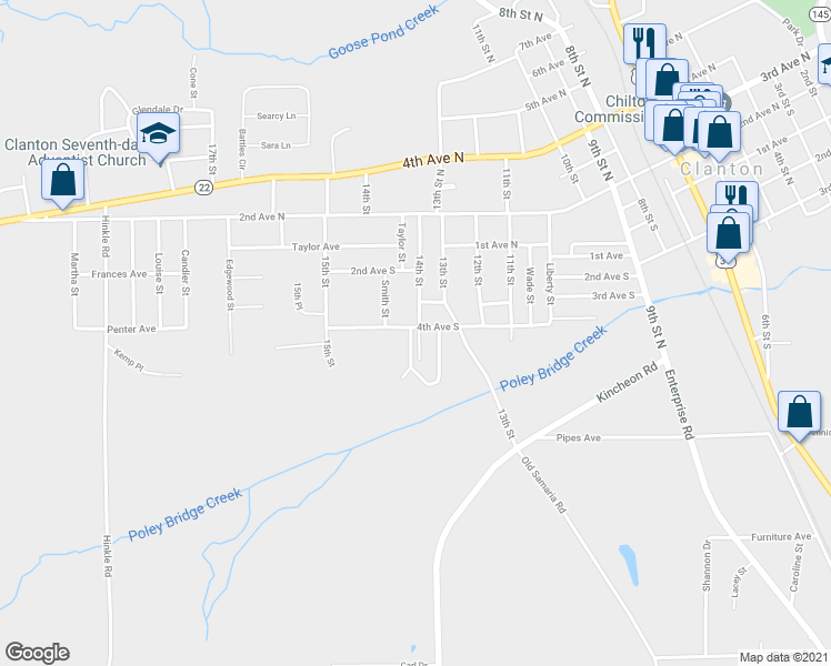 map of restaurants, bars, coffee shops, grocery stores, and more near 102 Coosa Street in Clanton