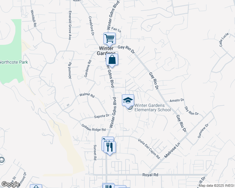 map of restaurants, bars, coffee shops, grocery stores, and more near 8613 Winter Gardens Boulevard in Lakeside