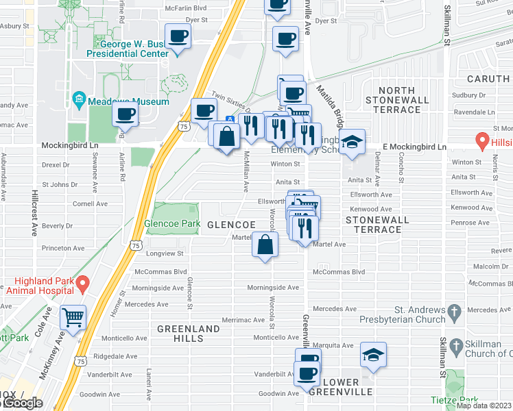 map of restaurants, bars, coffee shops, grocery stores, and more near 5522 Ellsworth Avenue in Dallas